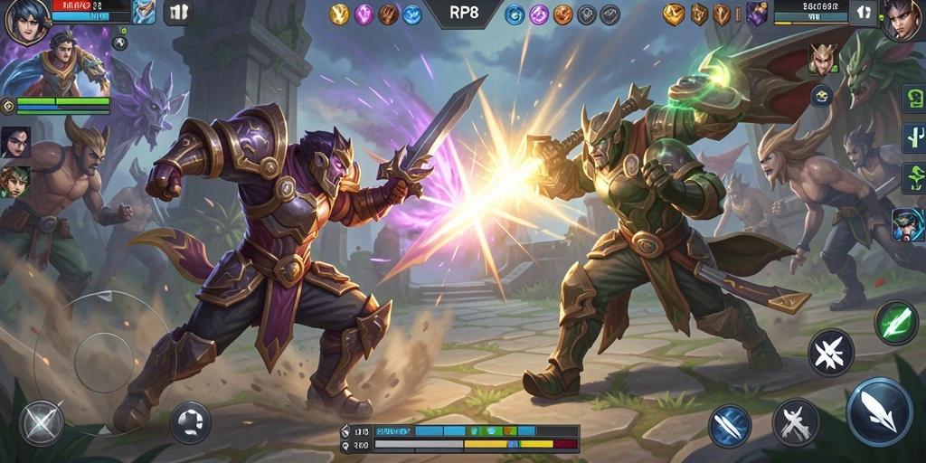 Tangkapan layar RP8 menunjukkan aksi seru dari pertarungan MOBA.